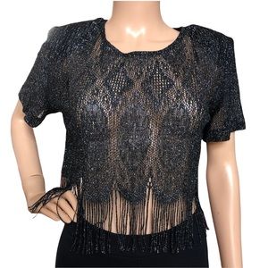 Vintage Dress Barn Black Lace Crop Fringe Blouse 8